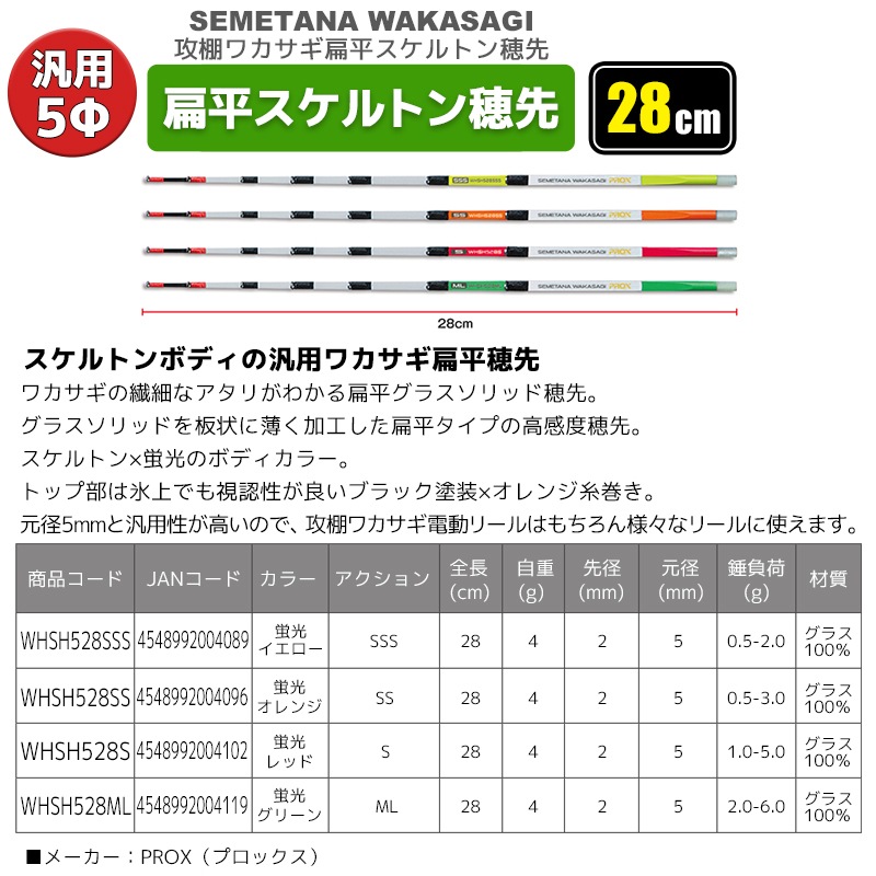 攻棚 ワカサギ 扁平スケルトン 穂先 28cm 元径5mm わかさぎ釣り 穂先 プロックス PROX