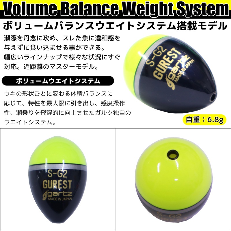 中通しウキ GUREST グレスト 釣り イエロー S G2 自重6.85g gartz ウキ