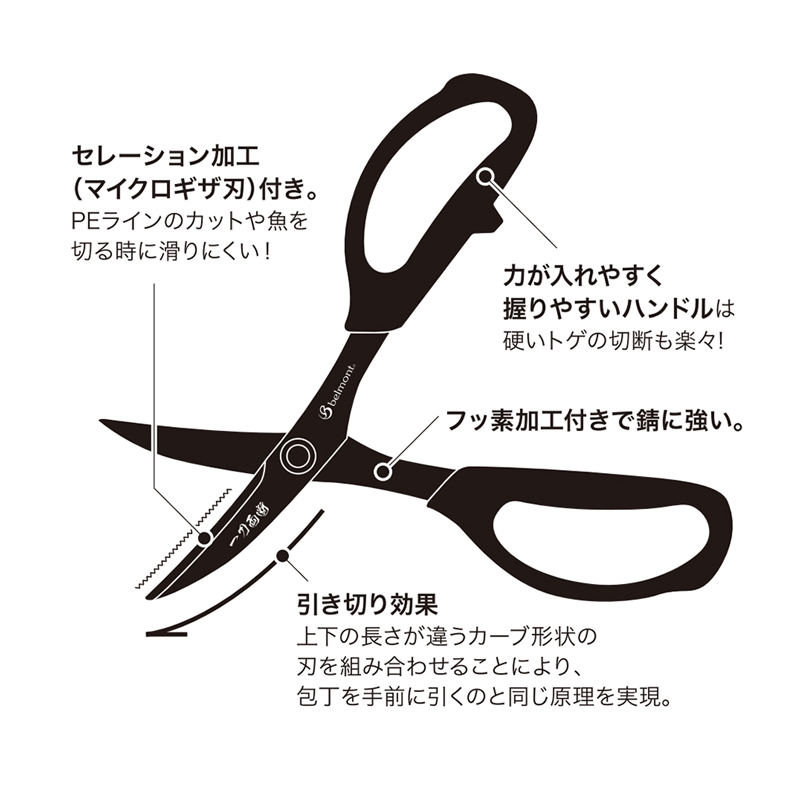 フィッシングハサミ 釣り ハサミ 一刀両断ハサミ MP-290魚締め イケジメ ベルモント PEライン対応 フッ素加工 ステンレス マイクロギザ刃 締め 捌き 釣り用ハサミ 18cm 釣り具 belmont