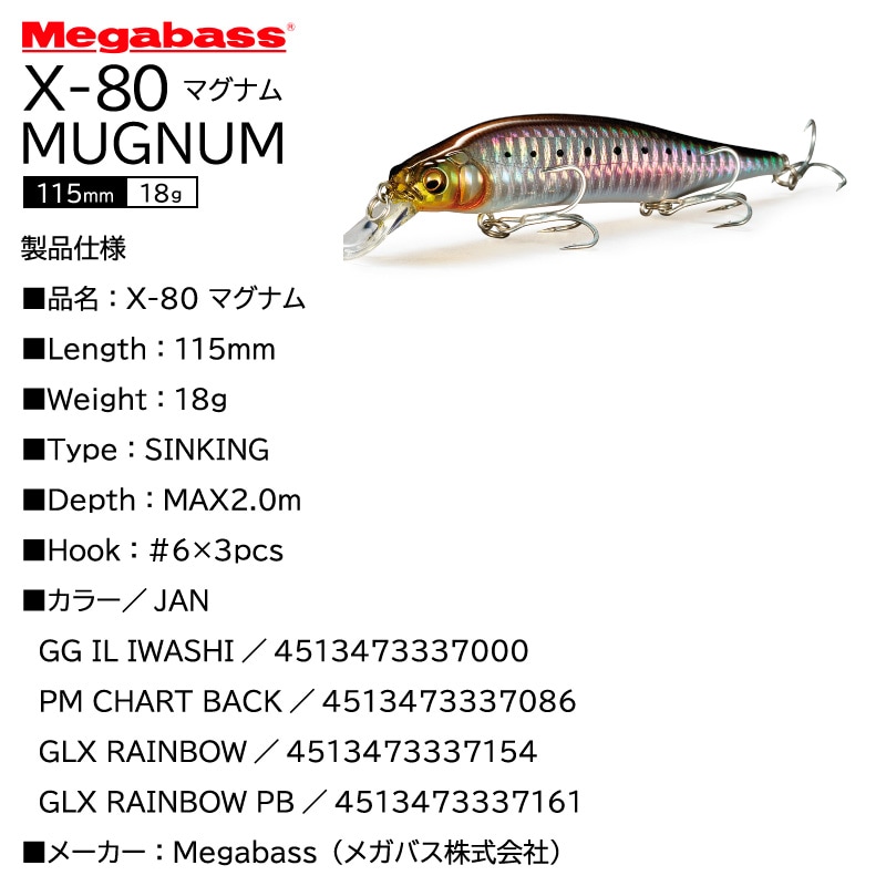 X-80 マグナム 釣り シンキング ミノー シーバス 115mm 18g ルアー メガバス