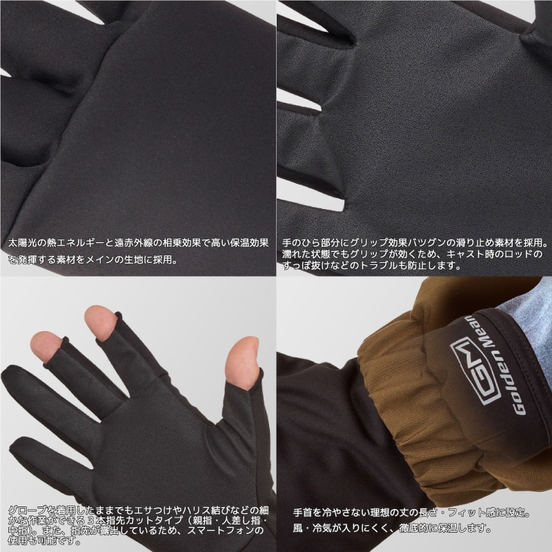 GM グローブ フレイム 釣り 吸光熱変換 遠赤外線放射 サーモトロン ラジポカ フィッシンググローブ 手袋 ゴールデンミーン