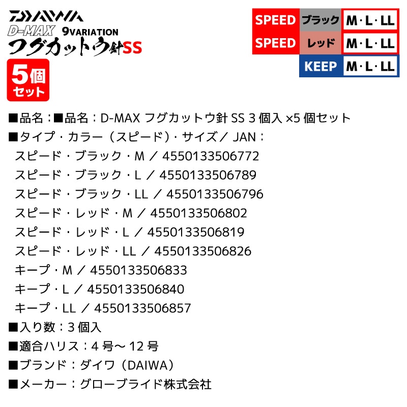 ダイワ D-MAX フグカットウ針SS 3個入×5個 釣り 適合ハリス 4号~12号 仕掛け 針 DAIWA フィッシング
