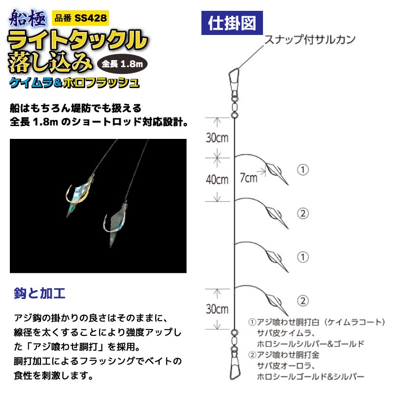 サビキ釣り 仕掛け 船極 ライトタックル落し込み ケイムラ&ホロフラッシュ 4本鈎 SS428 全長1.8m アジ フィッシング ハヤブサ