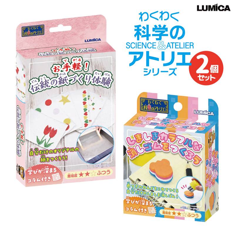 おうちでできる！ わくわく科楽のアトリエ 2個セット 夏休み 冬休み 自由研究 雨の日 室内遊び 子供 小学生 低学年 消しゴム作り 紙すき ルミカ