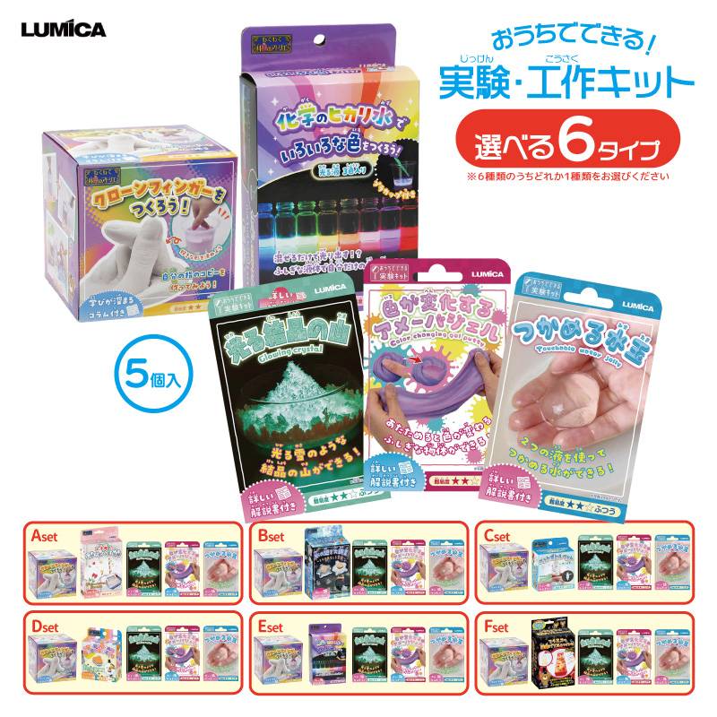 実験キット 小学生 向け 5個セット 夏休み 自由研究 理科 実験 簡単 面白い 科学 工作 石膏 型取り クローンフィンガー 光る結晶 アメーバ 雨の日 室内遊び 子供 低学年 男の子 女の子 おうちでできる!シリーズ ルミカ