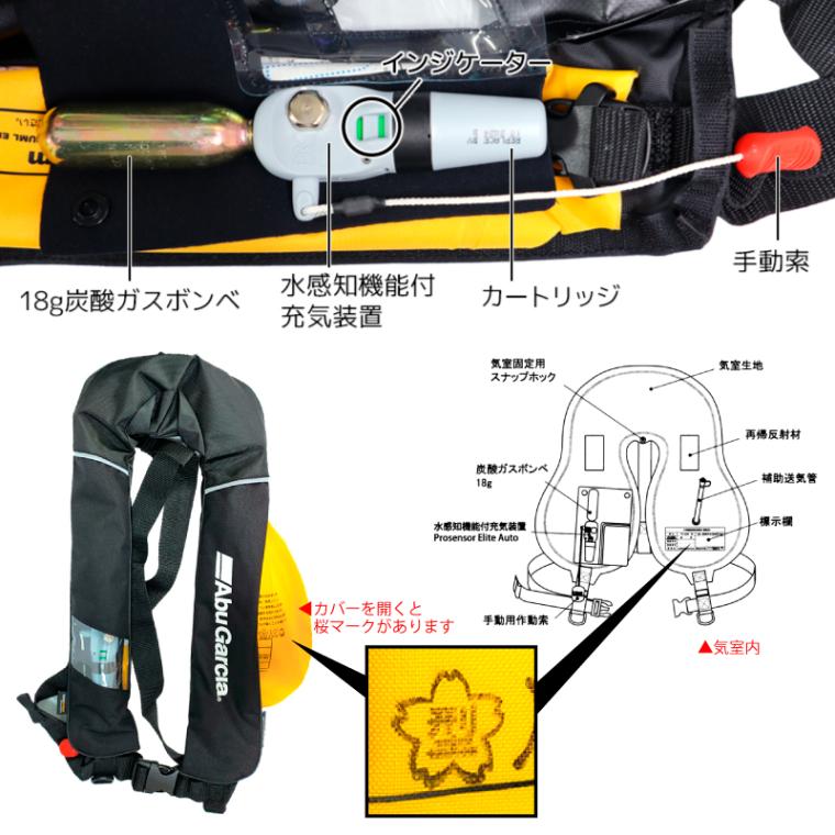 ライフジャケット 自動膨張式 桜マーク タイプA 肩掛け式 国土交通省型式承認品 BSJ-2620RS2 アブガルシア 小型船舶用救命胴衣 サスペンダー インフレータブル フローティングジャケット 釣り 船用