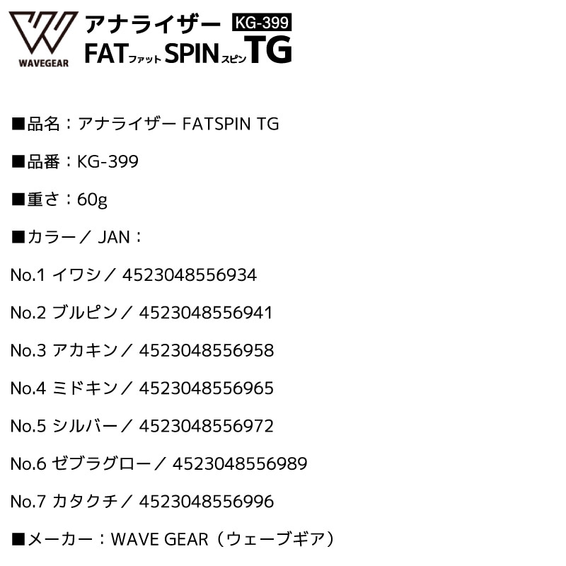 アナライザー FATSPIN TG メタルジグ 60g 釣り KG-399 ブレードジギング タングステン フィッシング WAVE GEAR ウェーブギア