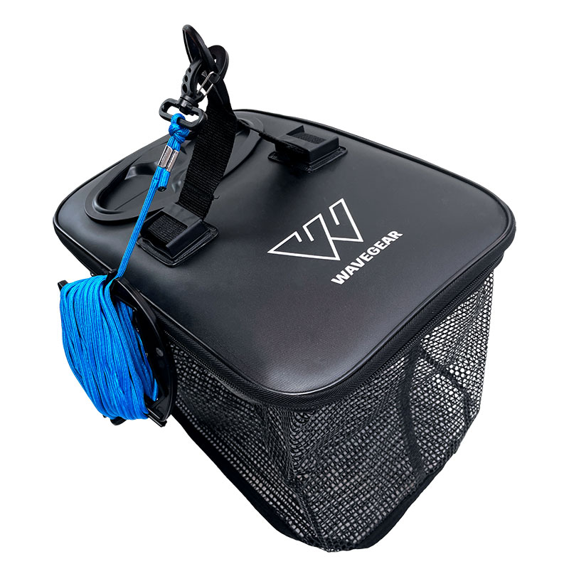 スカリ 釣り フロートスカリ 魚活かし メッシュ 活かしバケツ Mサイズ 390×240×270mm 投入口付 フタ付 浮く ウレタンフロート 海釣り 堤防釣り 磯釣り 滑り止めロープ8m付 持ち運び便利 KMY-1732 WAVE GEAR