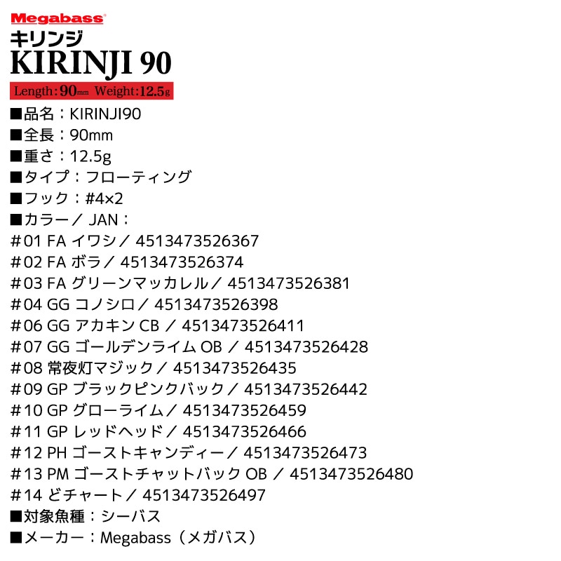 KIRINJI90 ハードルアー フローティング 釣り 90mm 12.5g ウェイクベイト ミノー ポッパー フィッシング シーバス スズキ Megabass メガバス