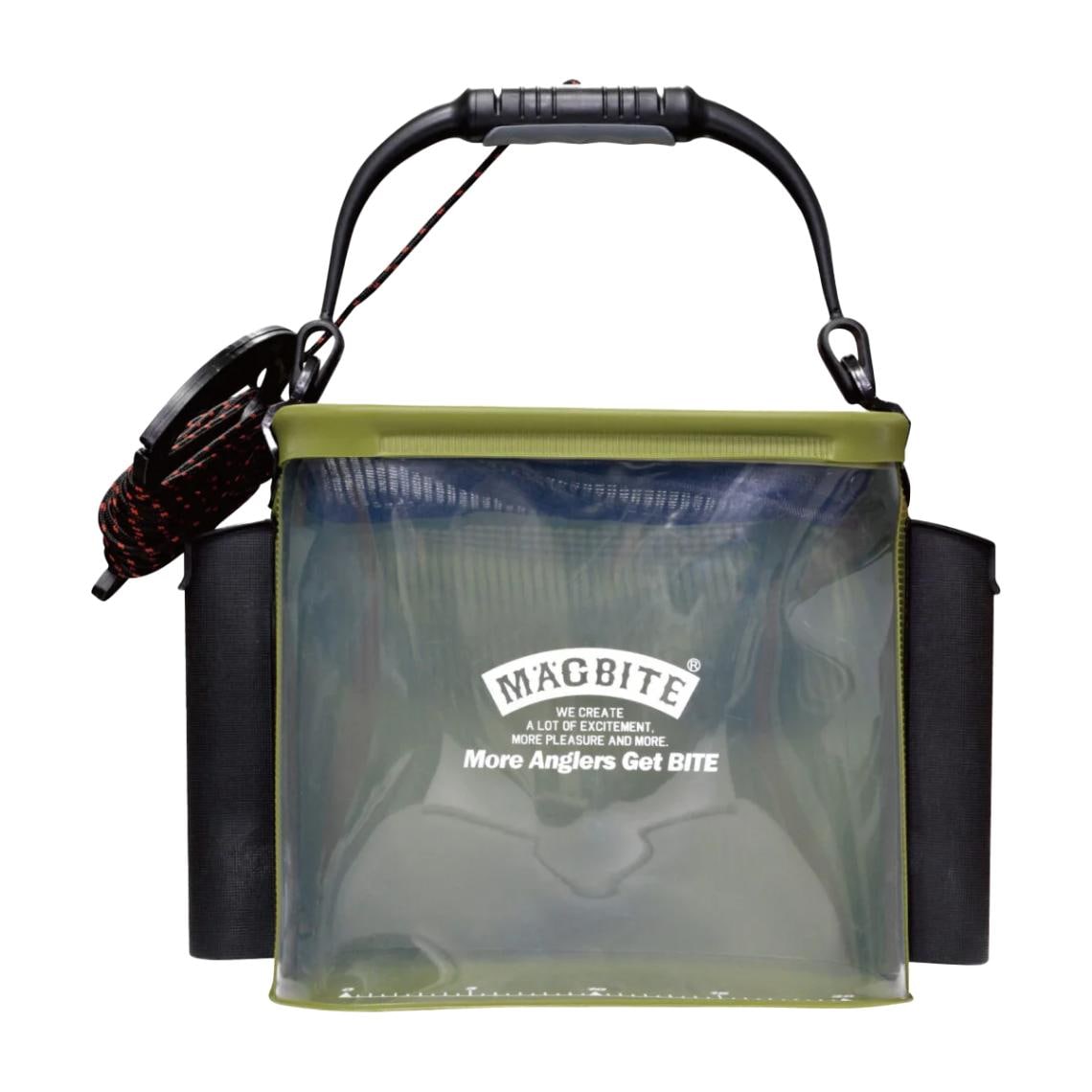水汲み バケツ 釣り 透明 蓋付き ロープ付き ロッドホルダー 魚が見える キーパーバケツ 水くみ バッカン フィッシュキーパー 釣りバケツ 海釣り 堤防 EVA製 コンパクト カーキ アクアライブバケツ MBT08 マグバイト