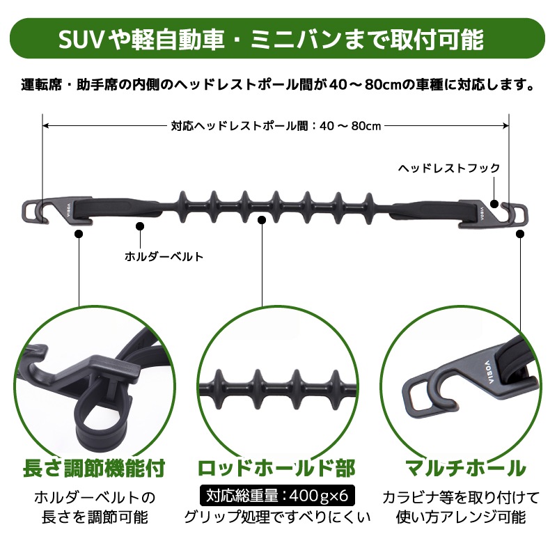 ロッドスポット ロッドホルダー 釣り 車載 ヘッドレスト 釣り竿 収納 車内 ロッド収納 シリコーン ラバー 伸縮 調整 簡単取付 SUV 軽自動車 ミニバン 対応 40～80cm UA13 VISOA ビソア 槌屋ヤック 取り寄せ商品