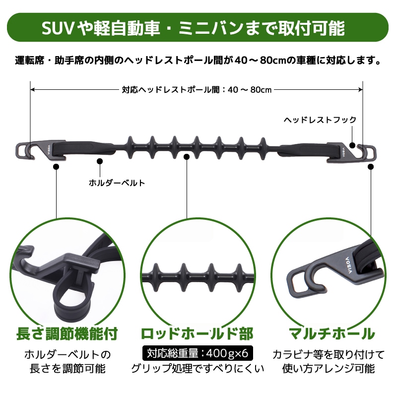 ロッドスポット ロッドホルダー 釣り 車載 ヘッドレスト 釣り竿 収納 車内 ロッド収納 シリコーン ラバー 伸縮 調整 簡単取付 SUV 軽自動車 ミニバン 対応 40~80cm UA13 VISOA ビソア 槌屋ヤック 取り寄せ商品