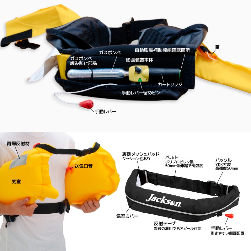 ジャクソン 釣り人共創型限定 ライフジャケット 桜マーク付 自動膨張式 SQ-JA 腰巻き式 ウエストベルト 救命胴衣 国土交通省型式承認品 タイプA Squid Saver