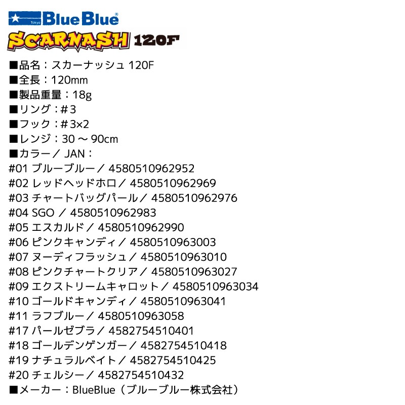 スカーナッシュ120F 釣り 18g 120mm リップレスミノー BlueBlue ブルーブルー