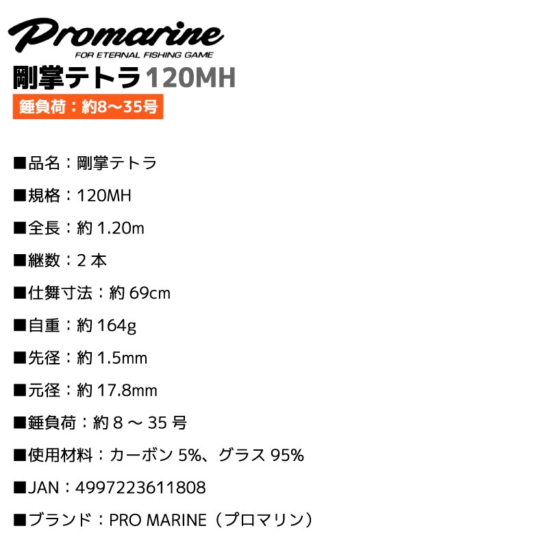釣り竿 剛掌テトラ 120MH 全長1.20m 錘負荷8～35号 穴釣り 際釣り バットジョイント式 カーボン5％ 2本継 ロッド フィッシング PRO MARINE プロマリン