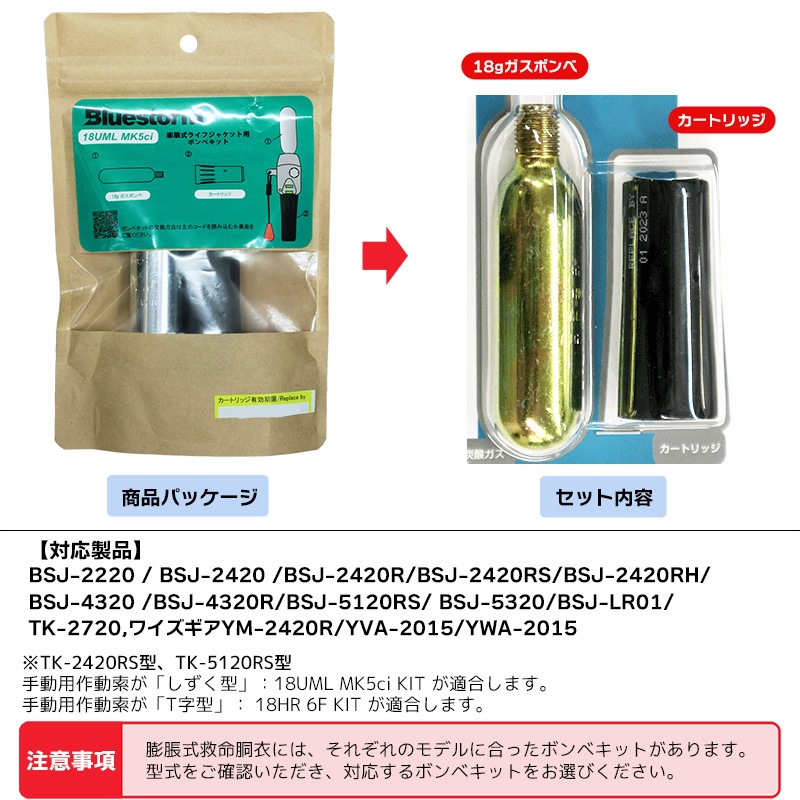 ライフジャケット 交換用ボンベキット18g 18UML MK5ci 自動膨張式 釣り