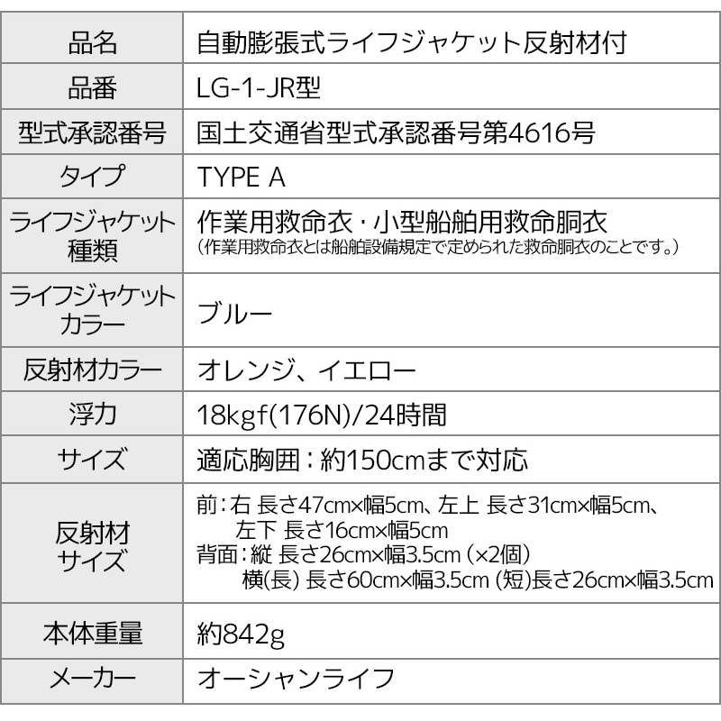 ライフジャケット 桜マーク付 自動膨張式 作業用救命衣 反射材付 LG-1