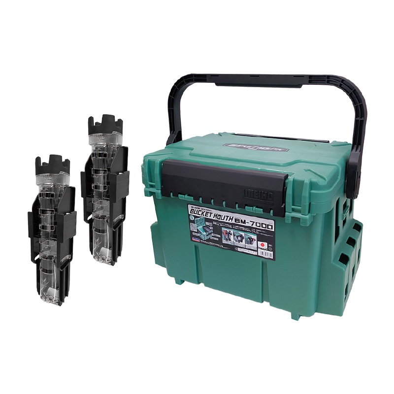 メイホウ バケットマウス BM-7000 グリーン 28L 大容量 タックルボックス ロッドスタンド BM-290スライド×2本付 3点セット 座れる ハードケース カスタム オプションパーツ対応 日本製 MEIHO 釣り 収納