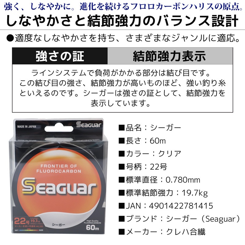 クリアランス特価 シーガー 60m 22号 クリア フロロカーボン100% Seaguar 釣り糸 ハリス