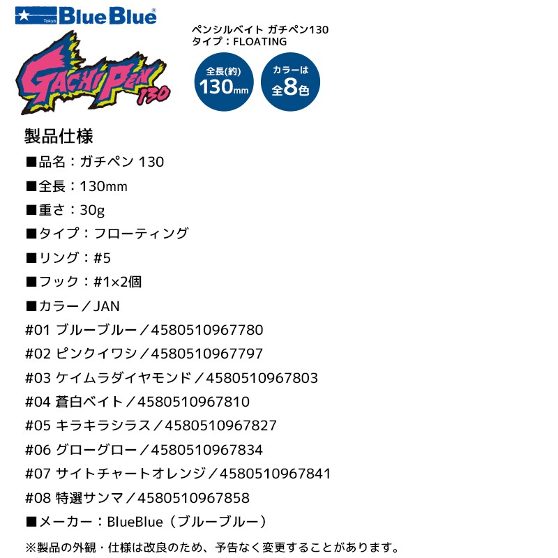 ガチペン130 釣り 130mm／30g ペンシルベイト ルアー BlueBlue ブルーブルー