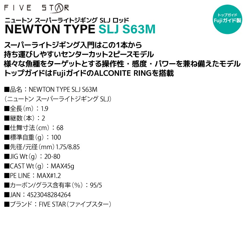 釣り竿 NEWTON TYPE SLJ S63M ニュートン スーパーライトジギング SLJ ロッド ライトジギング スピニング キャスティング 2ピース オフショア 船釣り 入門 初心者 おすすめ タイラバ タックル FIVESTAR ファイブスター