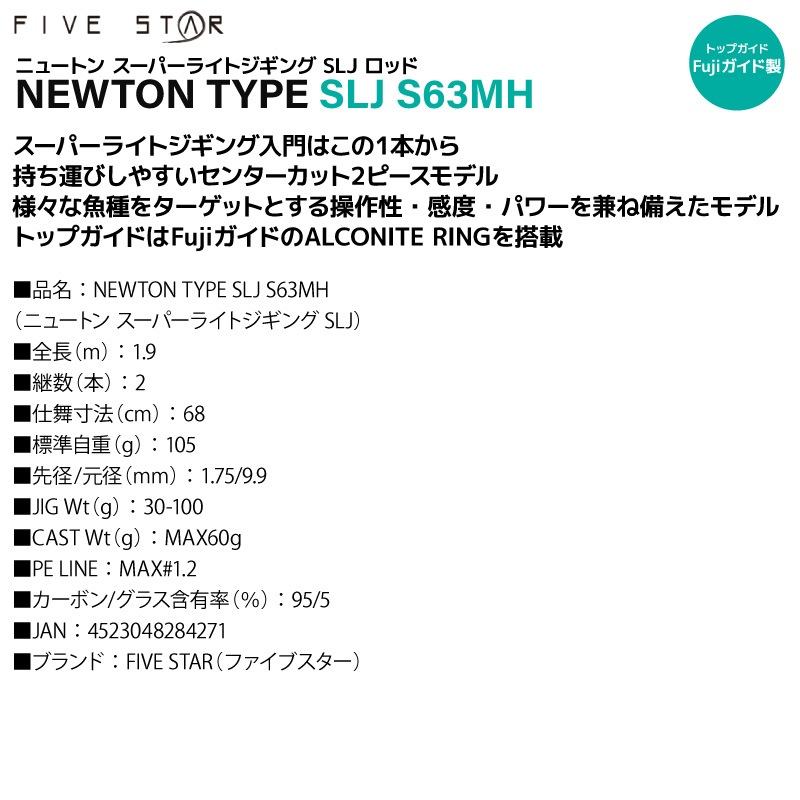 釣り竿 NEWTON TYPE SLJ S63MH ニュートン スーパーライトジギング SLJ ロッド ライトジギング スピニング キャスティング 2ピース オフショア 船釣り 入門 初心者 おすすめ マダイ 青物 FIVESTAR ファイブスター