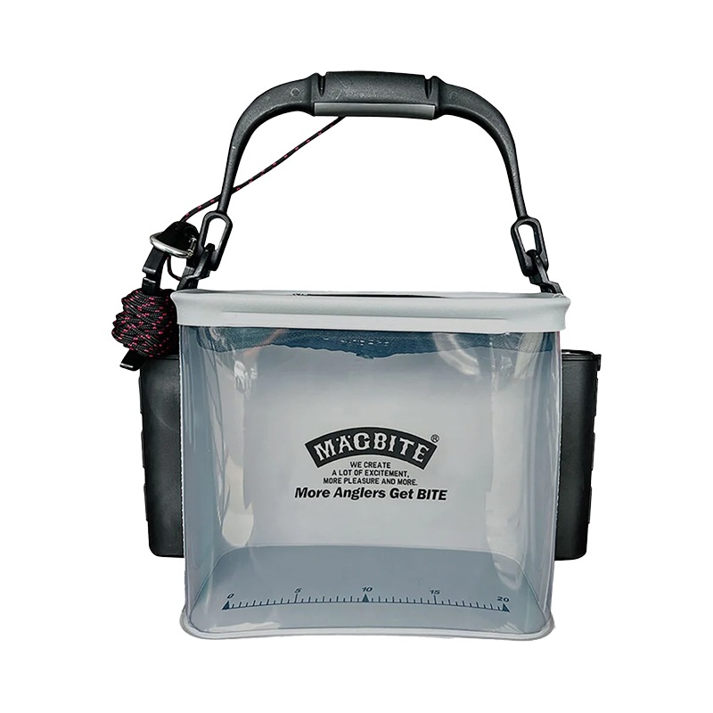 水汲み バケツ 釣り 透明 蓋付き ロープ付き ロッドホルダー 魚が見える キーパーバケツ 水くみ バッカン フィッシュキーパー 釣りバケツ 海釣り 堤防 EVA製 コンパクト グレー アクアライブバケツ MBT08 マグバイト