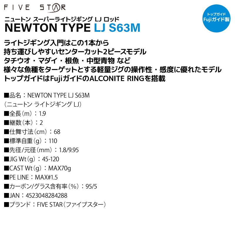 釣り竿 NEWTON TYPE LJ S63M ニュートン ライトジギング LJ ロッド タチウオ マダイ 根魚 中型青物 2ピース ジギングロッド 入門 初心者 スピニング オフショア 船 おすすめ タイラバ FIVESTAR ファイブスター