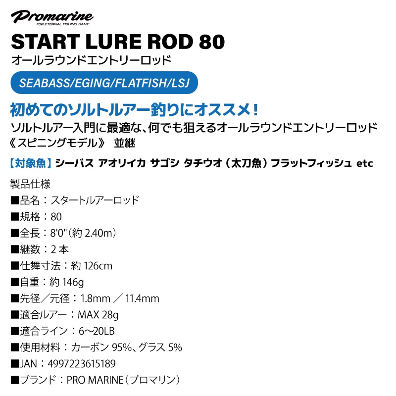 釣り竿 スタートルアーロッド 80 ソルトウォーター ショアゲーム ロッド スピニングモデル ルアー オールラウンド エントリーロッド PRO MARINE プロマリン