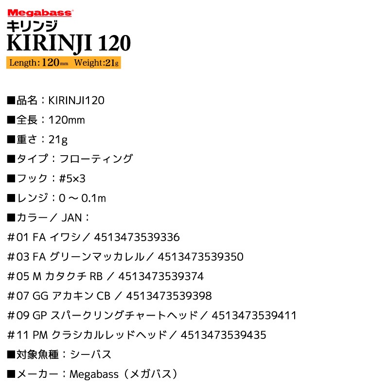 メガバス 釣り ルアー キリンジ120 KIRINJI120 フローティング ウェイクベイト シャローランナー 120mm 21g ハードルアー ミノー ポッパー 飛距離 シーバス ヒラメ スズキ対応
