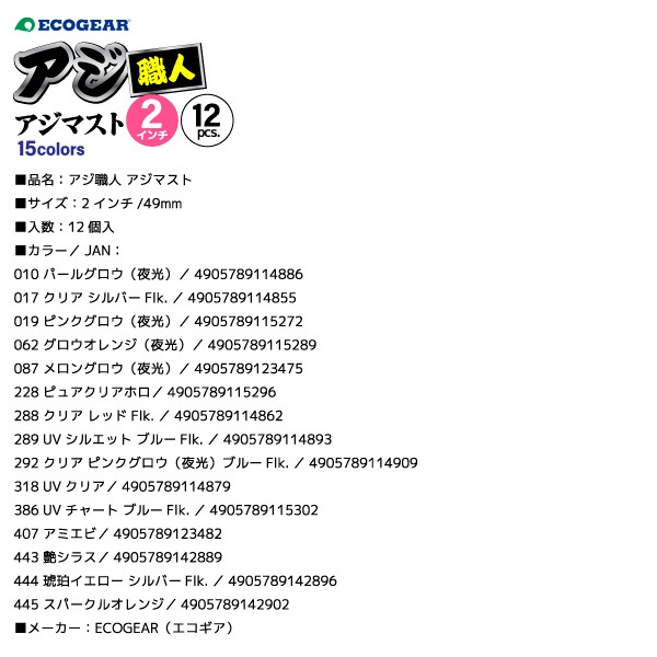 アジ専用ソフトルアー アジ職人 アジマスト 2インチ 釣り 49mm 12pcs フィッシング エコギア