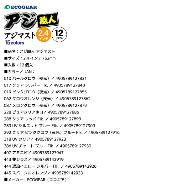 アジ専用ソフトルアー アジ職人 アジマスト 2.4インチ 釣り 62mm 12pcs フィッシング エコギア