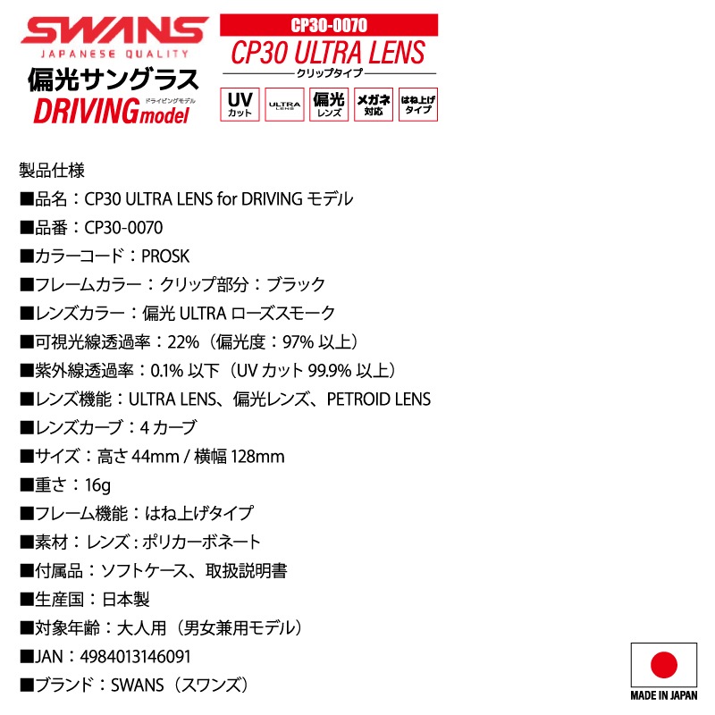 偏光サングラス CP-30 釣り ULTRA LENS クリップタイプ ワンタッチ着脱 0068 or 0070 UVカット フィッシング ドライビング 専用袋+メガネ拭き付 スワンズ