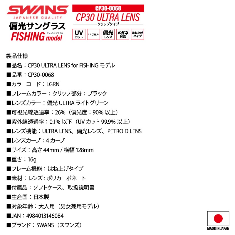 偏光サングラス CP-30 釣り ULTRA LENS クリップタイプ ワンタッチ着脱 0068 or 0070 UVカット フィッシング ドライビング 専用袋+メガネ拭き付 スワンズ