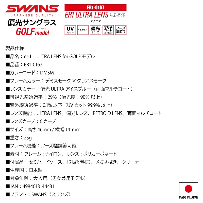 スワンズ 偏光サングラス ER1 ULTRA LENS スクエアタイプ 0167