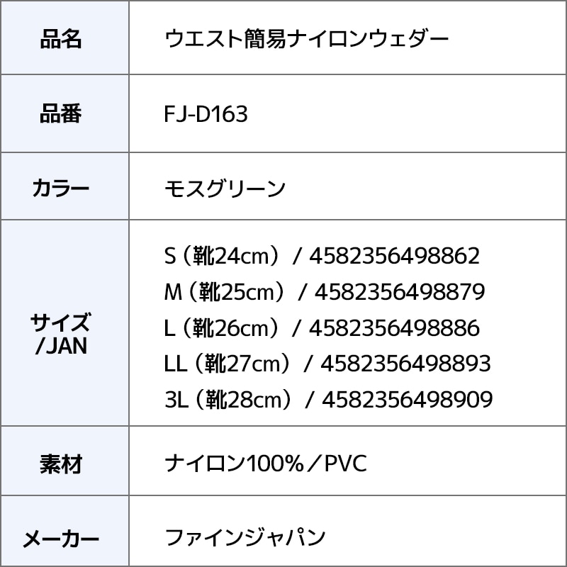 ウエスト簡易ナイロンウェーダー FJ-D163 モスグリーン ラジアル底 ファインジャパン（FINE JAPAN） 釣り フィッシング