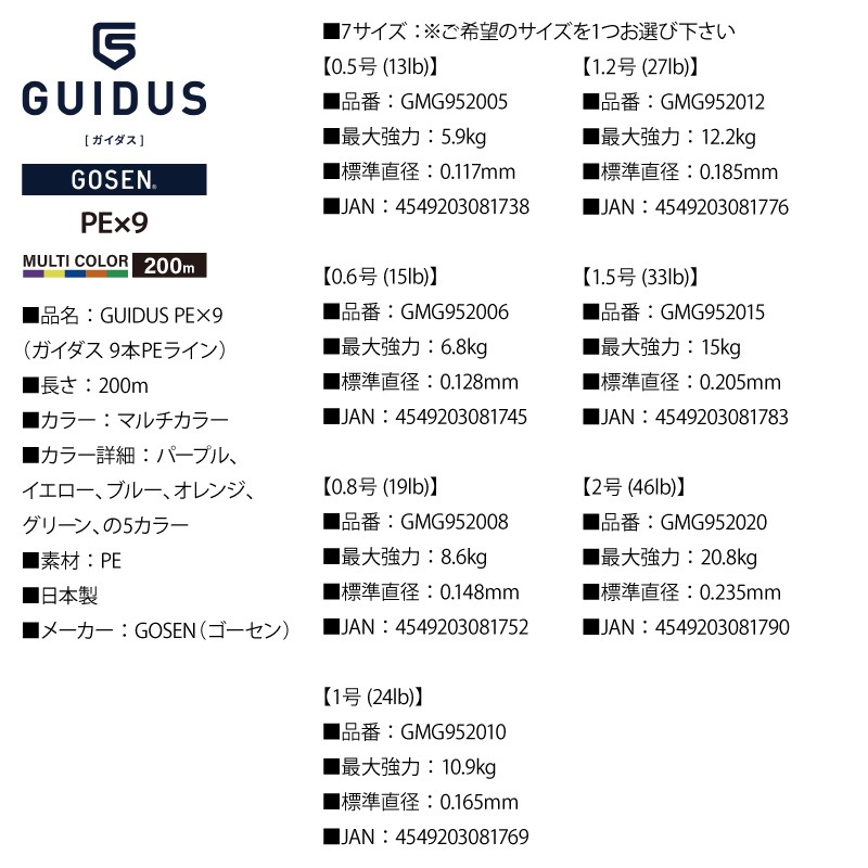 PEライン ゴーセン ガイダス 9本編み 200m マルチカラー 0.5 0.6 0.8 1 1.2 1.5 2号 GOSEN GUIDUS PE×9 釣り糸 高強度 日本製 感度 ライン リーダー アジング イカメタル エギング シーバス バス 投げ釣り 釣具