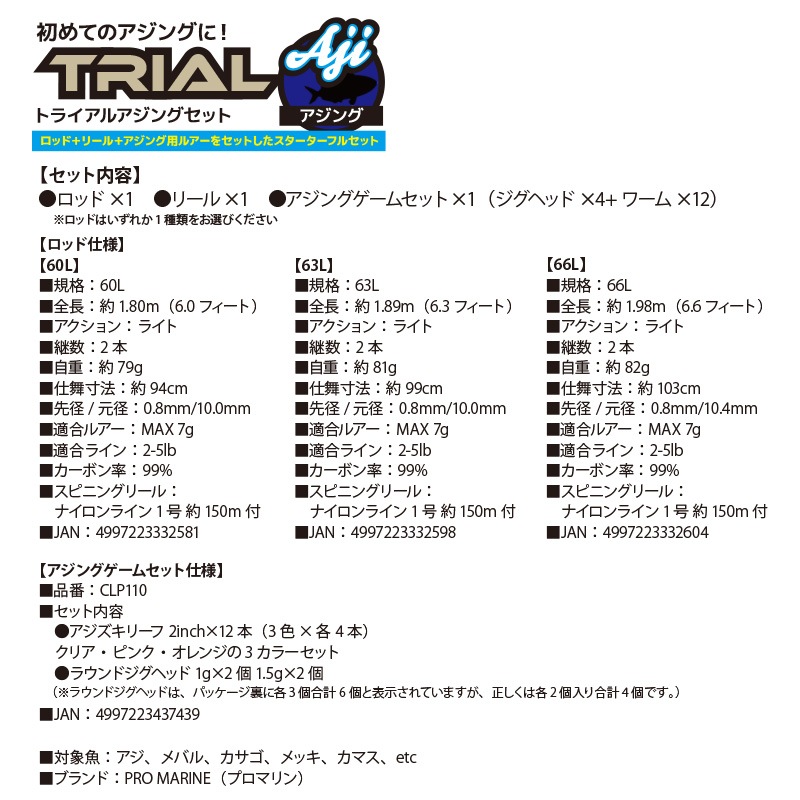 釣り竿 トライアル アジングセット ロッド+リール+ジグヘッド+ワームのアジング釣りセット PRO MARINE クリアランス価格