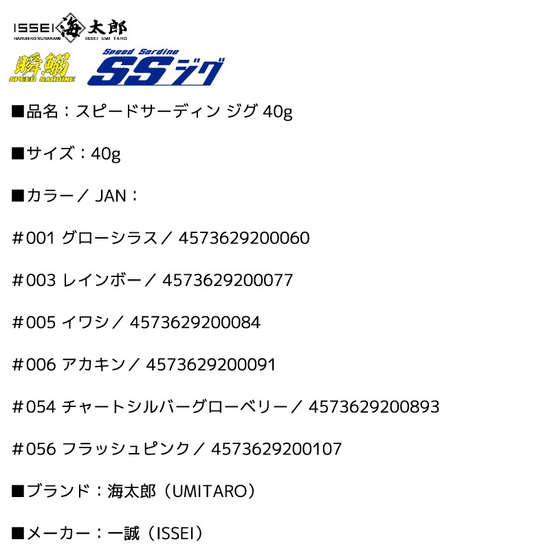 スピードサーディン ジグ 40g 瞬鰯SSジグ 釣り メタルジグ ショアキャステイング 堤防 磯 青物 フィッシング イッセイ issei 海太郎