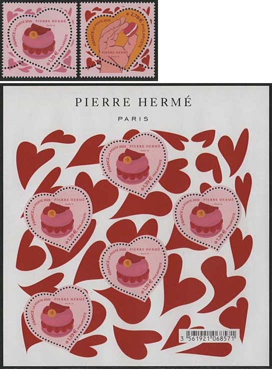 ハート型切手２種＋小型シート（フランス,2025年）