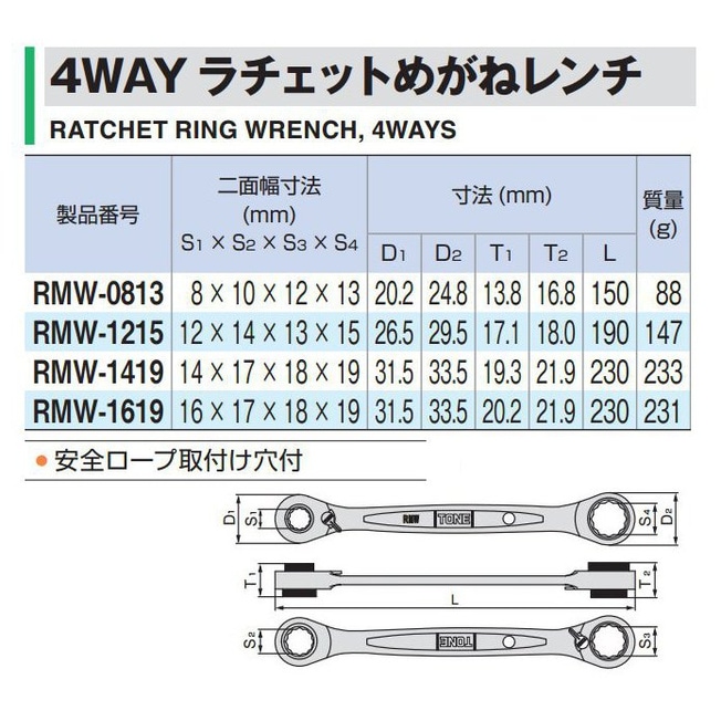 TONE トネ 4WAYラチェットめがねレンチ RMW-1619 | 工具,作業