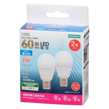 オーム電機 LED電球 小型 E17 60形相当 昼光色 2個入 LDA6D-G-E17 IS51