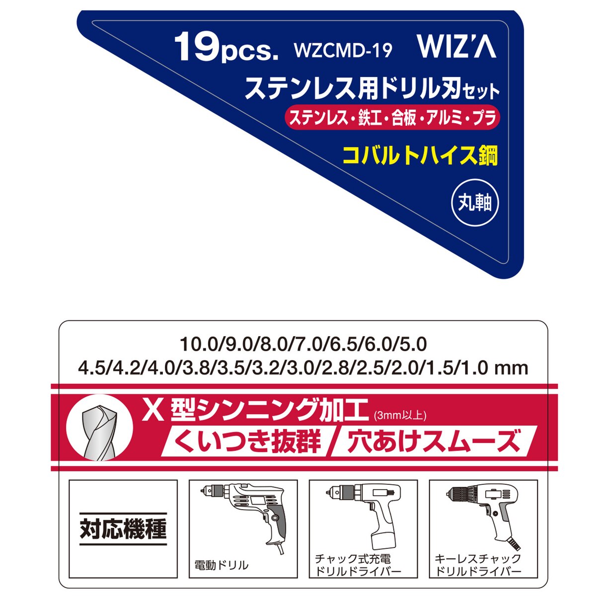 送料無料】ウイザ WIZA ステンレス用ドリル刃セット 19本組 WZCMD-19