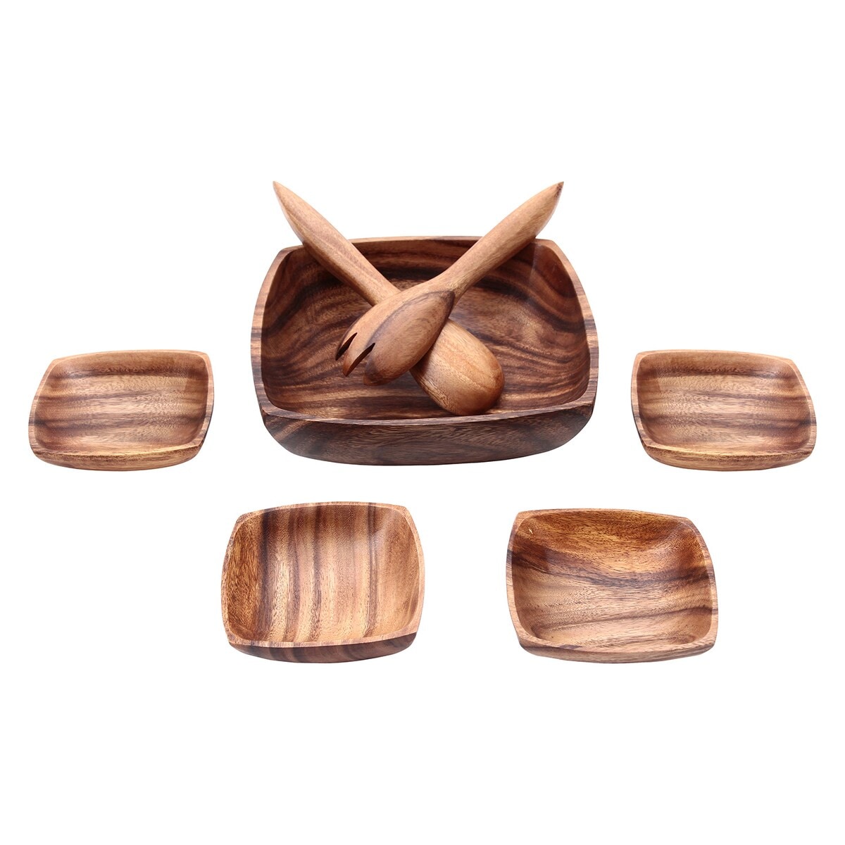 【送料無料】不二貿易 アカシアボウルセット スプーン&フォーク付 A スクエア WD-3150 【メーカー直送・代引不可・置配不可・配送地域限定】