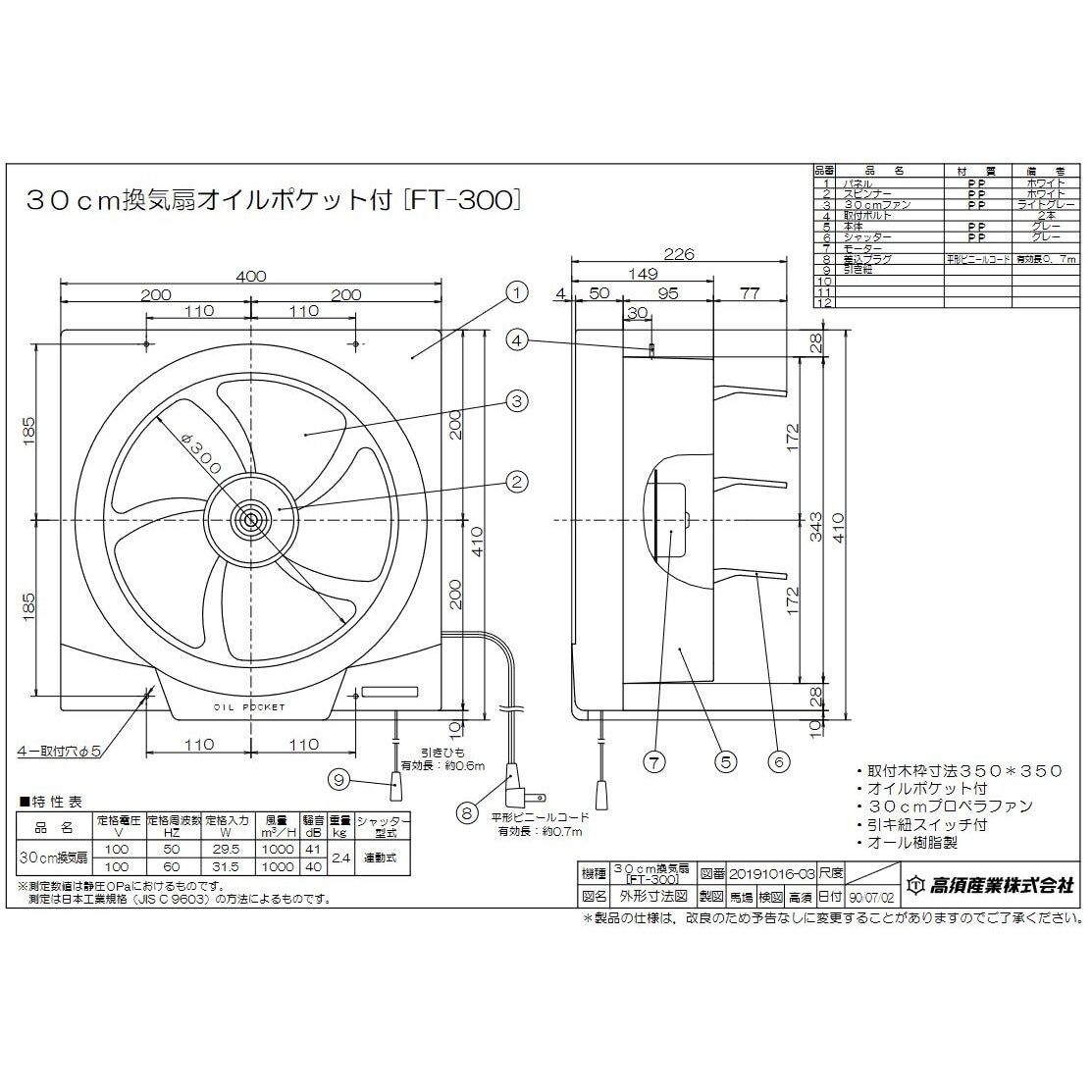 送料無料】高須産業 台所用換気扇 羽根径30cm FT-300 | 家電