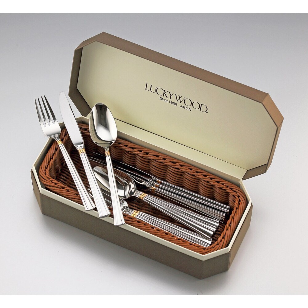 【送料無料】ラッキーウッド エメラルド・金彩 ディナーセット ステンレス 12pc バスケット付 5-04812-0110