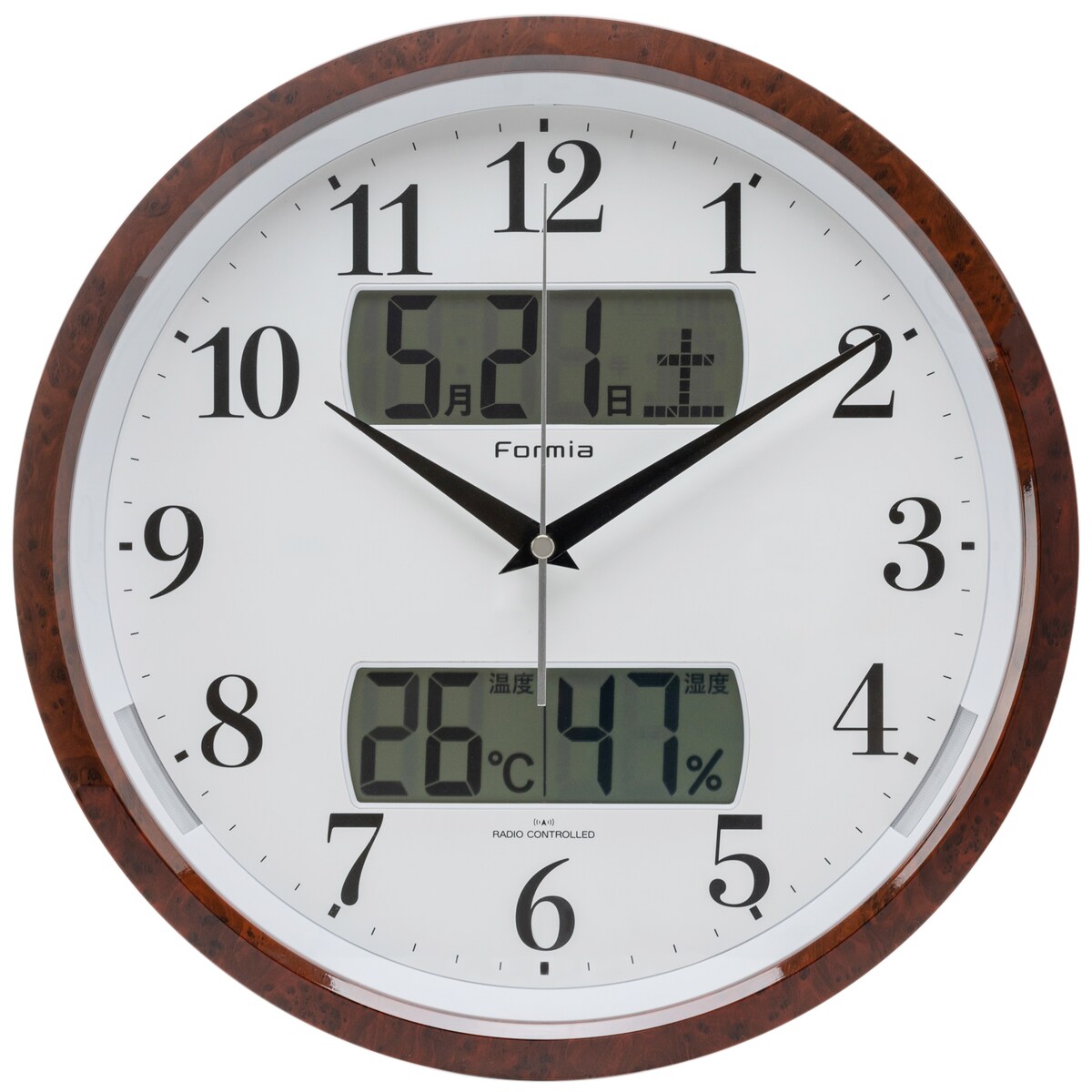 【送料無料】フォルミア 電波掛時計 温湿度 カレンダー 夜間点灯 HWC-016W-BR