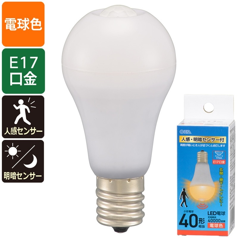 オーム電機 LED電球小形 人感明暗センサー付 E17 40形相当 電球色 LDA4L-G/E17 PIR