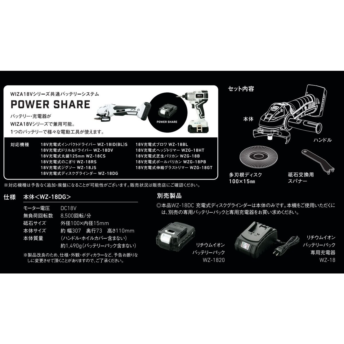 送料無料】ウイザ WIZA 18V 充電式ディスクグラインダー WZ-18DG 本体
