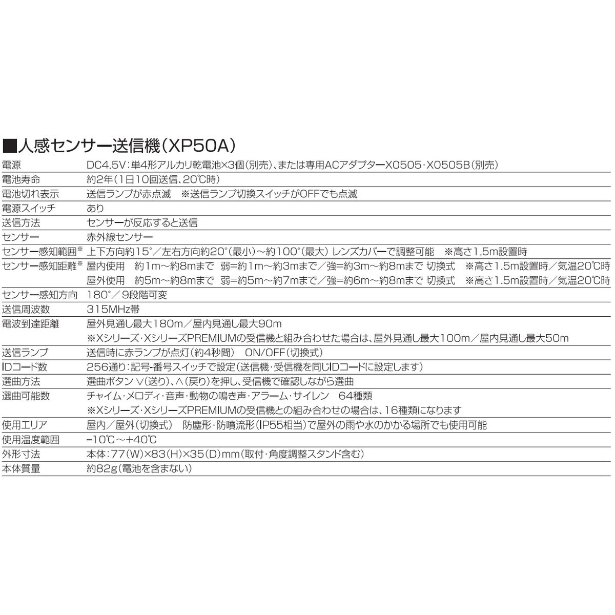 リーベックス 人感センサー送信機 ワイヤレス 防雨 電池/ACアダプター 増設用 XP50A
